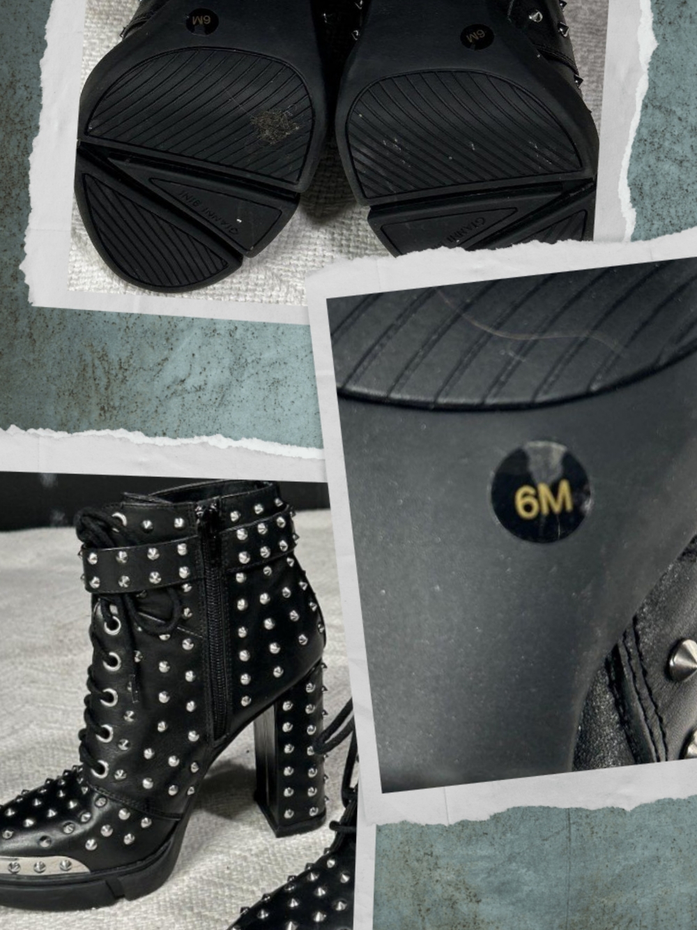 Studded Black Lace-Up Block Heel Ankle Boots - Women